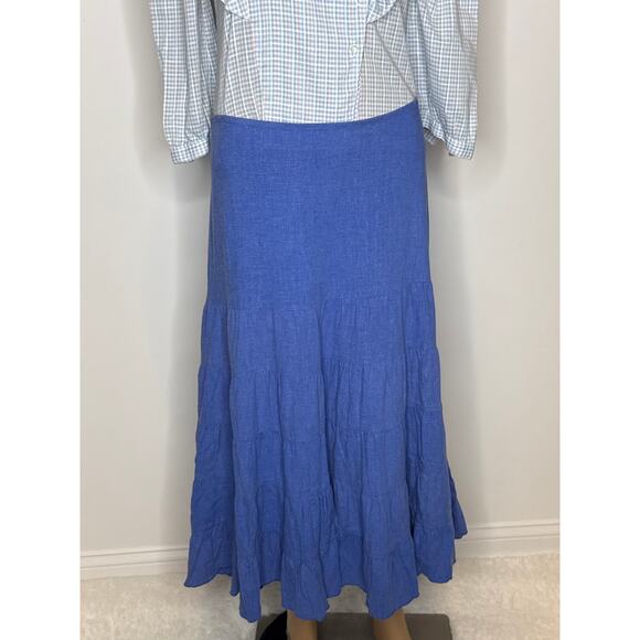 American Vintage Blue Linen Blend Tiered Maxi Skirt pull waist tie medium - Picture 3 of 11